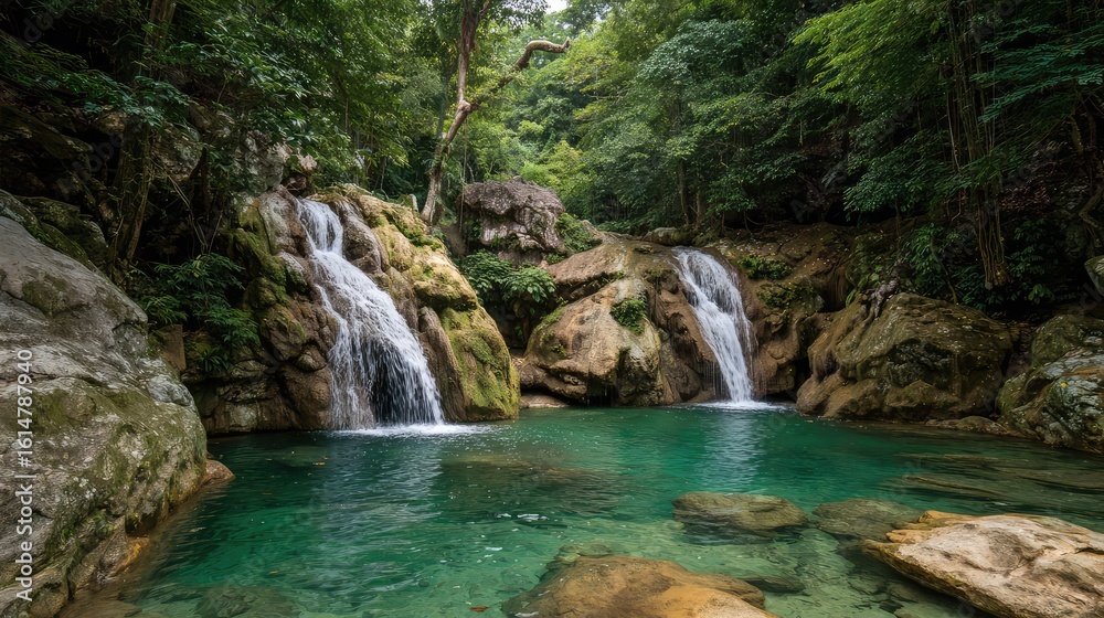 Fototapeta premium Twin waterfalls flow into a turquoise pool, surrounded by lush rainforest. Nature's serene beauty in a tropical paradise.