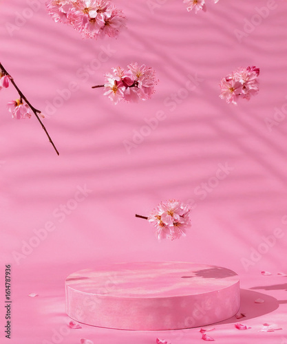 pink podium display. Sakura pink flower falling. Cosmetic or beauty product promotion step floral, pastel pedestal. Abstract minimal advertise.