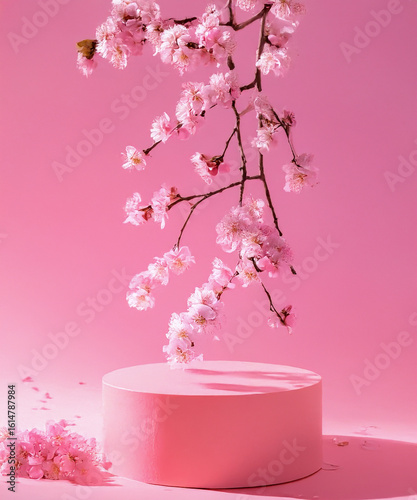 pink podium display. Sakura pink flower falling. Cosmetic or beauty product promotion step floral, pastel pedestal. Abstract minimal advertise.