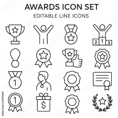 Awards Icon Set – Editable Line Style Vector of Trophies, Medals, Badges  and more outline vector icon