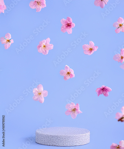 pink podium display. Sakura pink flower falling. Cosmetic or beauty product promotion step floral, pastel pedestal. Abstract minimal advertise.