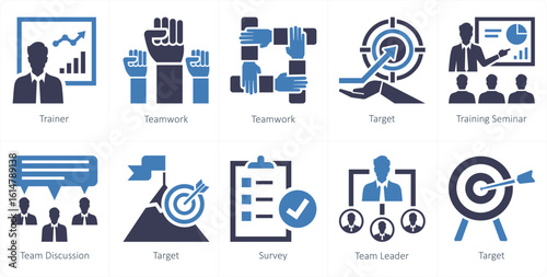 A set of 10 mix icons as trainer, teamwork, target, training seminar