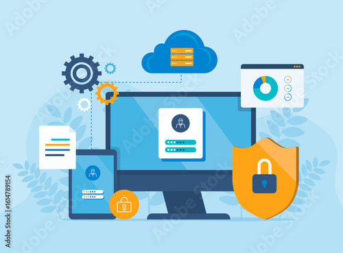 business technology cloud storage backup. business cloud computing and datacenter security concept. with administrator and developer team. flat vector illustration design.