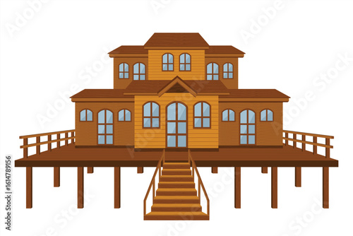 Wooden stilt house with wide terrace and staircase, traditional tropical architecture, cozy wooden cabin on stilts isolated on white background.