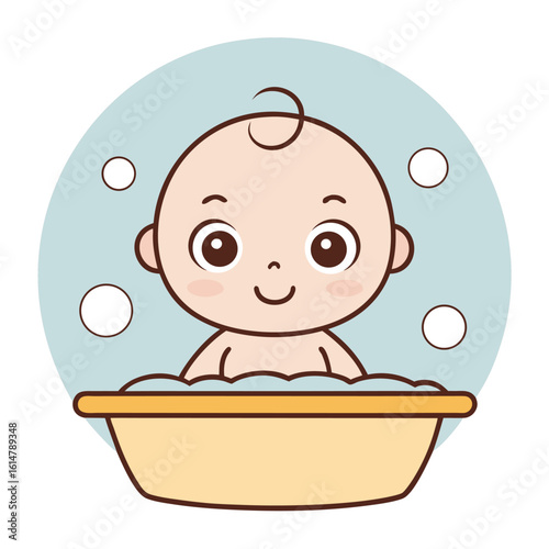 Happy baby taking a bath in a small tub, a cute childhood illustration. Vector graphic of infant bath time isolated on a white background.