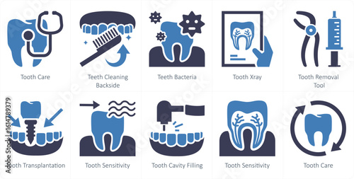 A set of 10 mix icons as tooth care, teeth cleaning backside, teeth bacteria