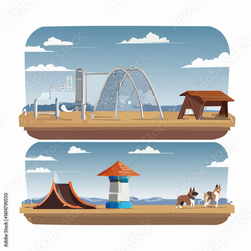 grid of icons showing dog park amenities- a park sign with a dog silhouette