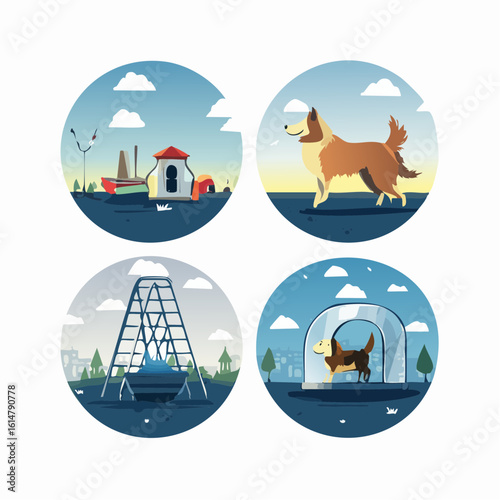 grid of icons showing dog park amenities- a park sign with a dog silhouette