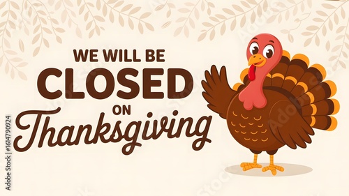 We will be closed on thanksgiving holiday announcement featuring a cartoon turkey