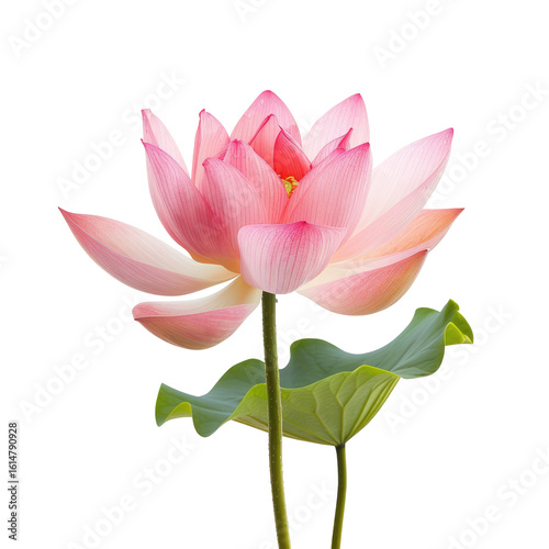 Close-up of a delicate pink lotus flower with leaves