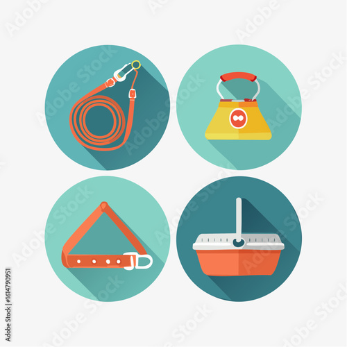An icon set of four dog walking items- a collar with a tag, a leash, a body harness