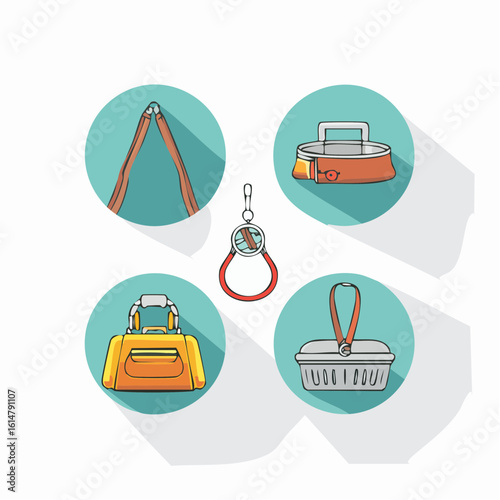 An icon set of four dog walking items- a collar with a tag, a leash, a body harness