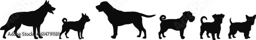 Diverse Dog Breeds Silhouettes Vector Illustration, Various Canine Companionship, Pet Profiles, Animal Collection, Digital Art, Flat Design, Black and White.