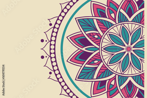 Illustration of a half mandala with teal and purple floral patterns on a light beige background design style