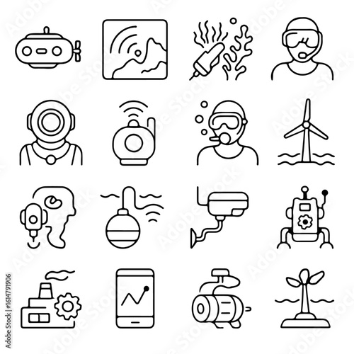 Intricate vector icons related to the exploration and utilization of underwater technology, with each meticulously designed symbol embodying the diverse aspects of marine science.