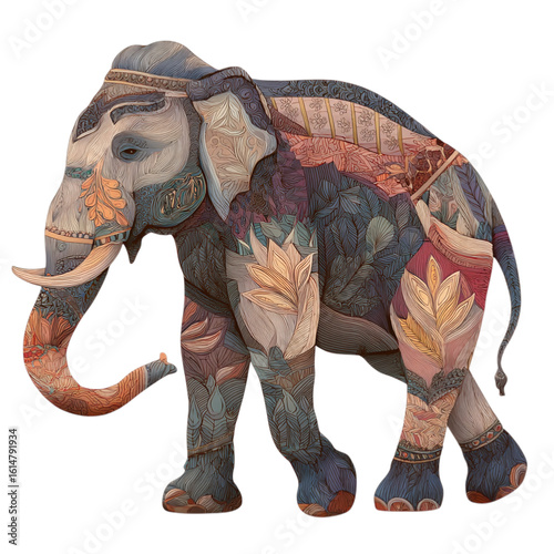 Artistic illustration of a graceful Asian elephant, isolated on transparent background