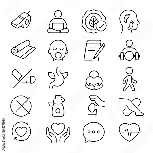 A collection of minimalist line art icons representing wellness and health. This collection captures concepts such as exercise, meditation, nutrition, and overall well-being. 
