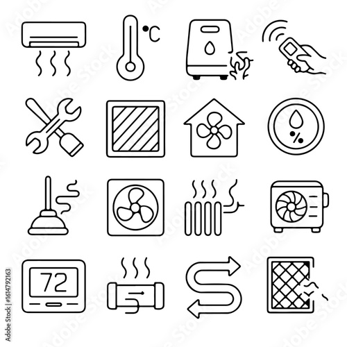 Air conditioning concept icons. The comprehensive set of line icons depicts HVAC-related symbols. 