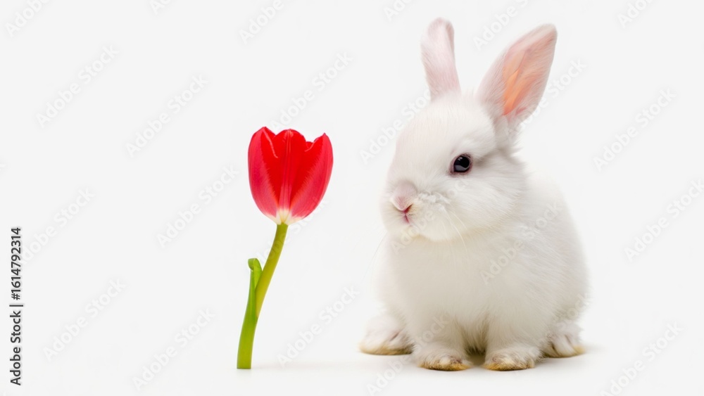 Obraz premium White Rabbit with Tulip on White Background