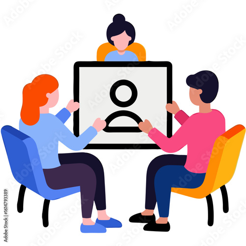 Professional Team Meeting & Collaboration Illustration with Profile Icon on Screen