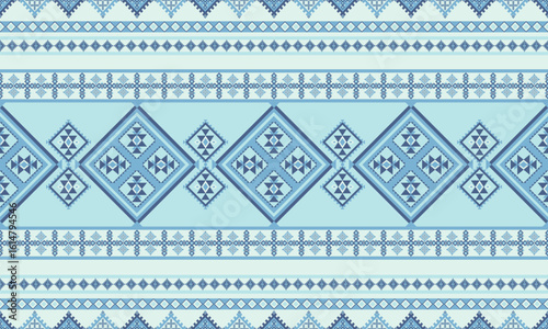 Seamless Tribal Stripe Geometric Pattern in Frost Blue Tones. This vector design blends traditional ethnic forms with modern clarity, ideal for fabric prints, wallpaper, wrapping paper.