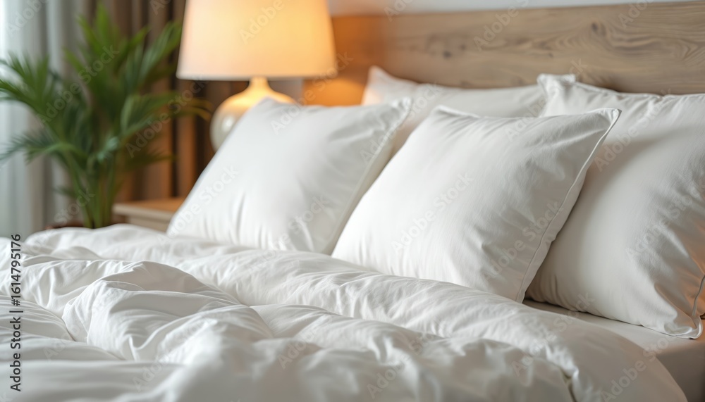 Obraz premium Serene bedroom interior featuring neatly made white bed with plush pillows, crumpled duvet. Warm lamp glows beside rich green plant, creating calm, bright atmosphere for rest, relaxation in modern
