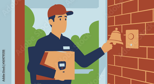 Delivery Man Ringing Doorbell with Package in Hand, Illustration