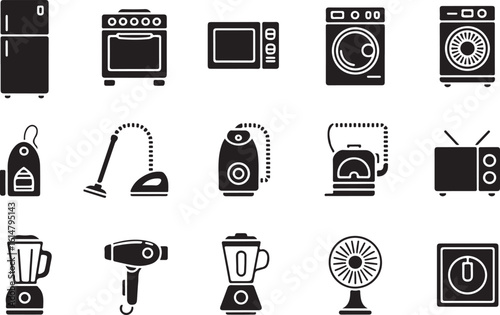 Black and white illustrated household appliances icon set