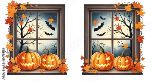 Spooky halloween scene with carved jack o lantern pumpkins and autumn leaves framing two windows overlooking a haunted forest with bats flying isolated on transparent background