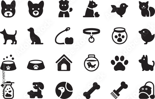 Black icon set featuring dogs and pets