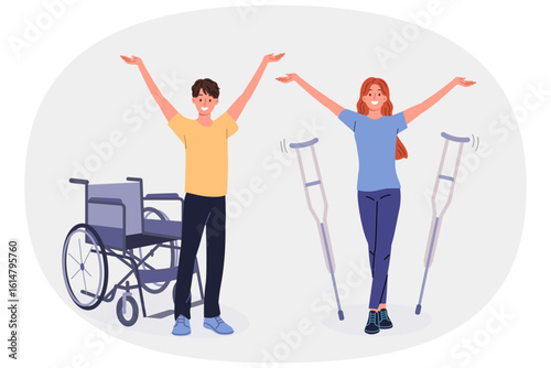 People with disabilities celebrate end of rehabilitation and recovery, stand near crutches and wheelchair. Man and woman with disabilities healed after receiving massage therapy or new medications