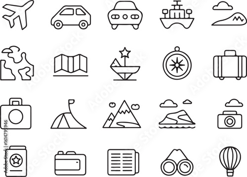 Collection of travel and adventure icon outlines