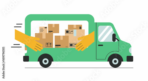Green Delivery Truck with Cardboard Boxes and Hands Illustration