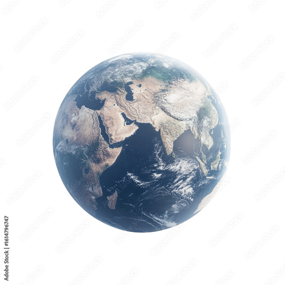 Fototapeta premium A realistic photograph of the Earth with clear borders and without clouds, centered on a white background.