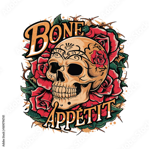 Skull roses thorns text bone appetit