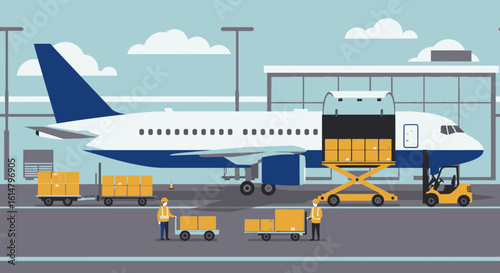 Cargo Plane Loading Boxes at Airport Terminal Illustration