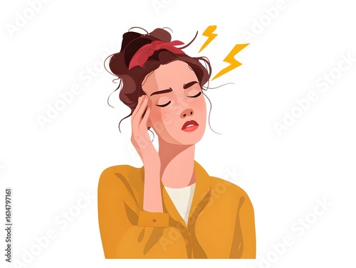 Stressed woman holding her head with a worried expression, lightning bolts indicating anxiety or headache, wearing a yellow jacket and red hairband