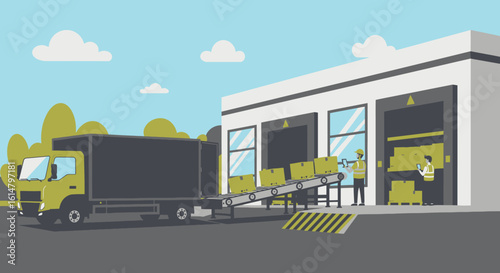 Logistics Operation: Truck Unloading at Warehouse with Conveyor Belt System