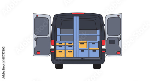 Open Back Doors of a Van with Shelving and Storage Boxes
