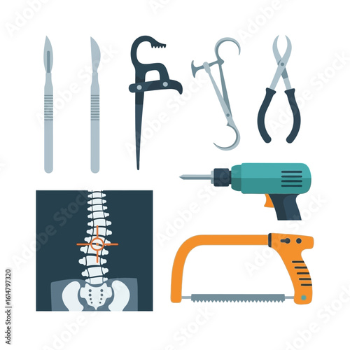 Medical illustration showcasing surgical tools, an X-ray of a spine, and a power drill.