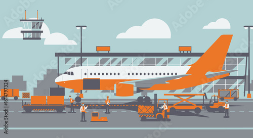 Orange and White Airplane Being Serviced at Airport Terminal