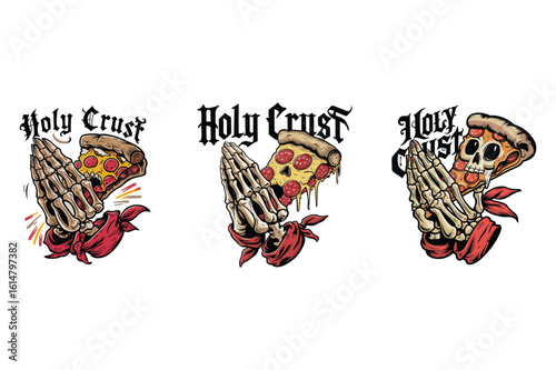 Skeleton hands holding pizza slice praying hands pepperoni