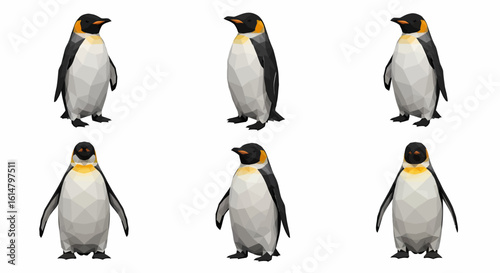 Six stylized emperor penguins, low-poly design, various poses, isolated on white background.
