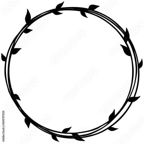 Hand-Drawn Circular Leaf Frame with Double Ring Design – Elegant Botanical Wreath Border, Nature-Inspired Black Silhouette Line Art for Logos, Eco Branding, Invitations, Organic Packaging, or Decorati
