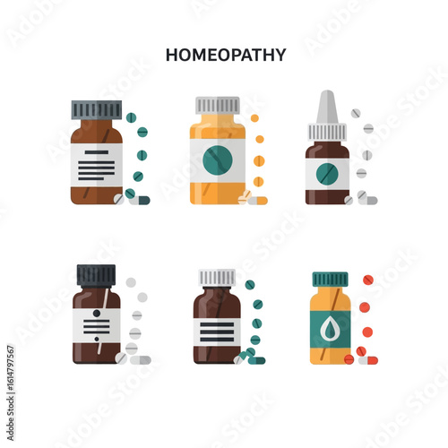 Vector illustration of homeopathy medicine bottles with pills and droplets, representing alternative health treatments.