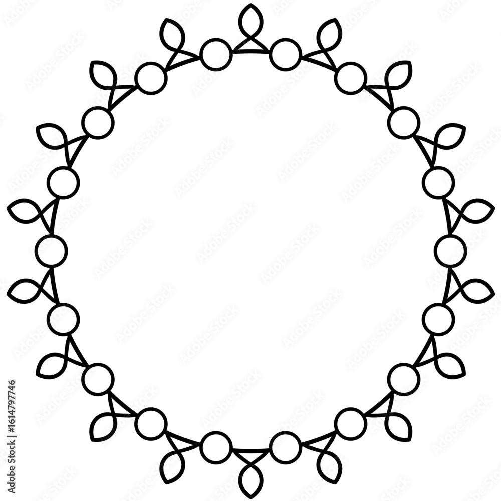 Fototapeta premium Botanical Circle Frame with Minimal Leaf and Dot Elements – Hand-Drawn Floral Wreath Border, Decorative Nature-Inspired Geometric Round Design, Black Line Art for Wedding Invitations