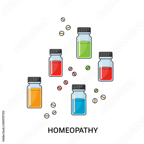 Colorful glass bottles with liquid and pills, representing homeopathic medicine.