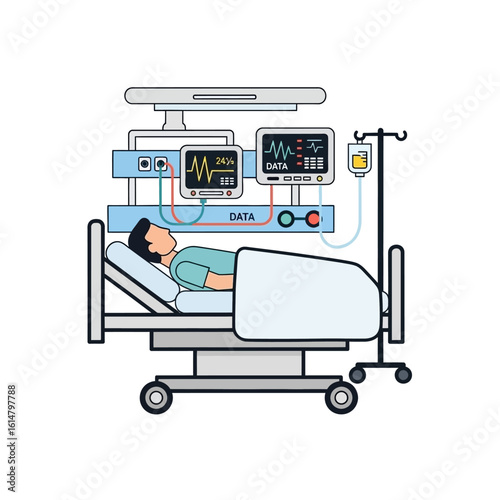 A patient lying in a hospital bed, monitored by medical equipment.