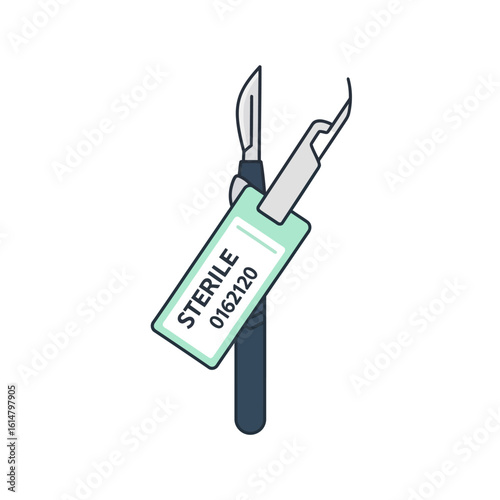 Illustration of surgical instruments, including scalpel and forceps, with a sterile tag attached.