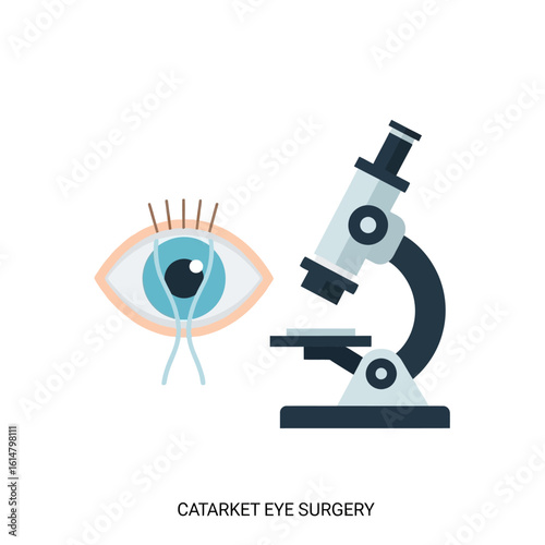Illustration depicting an eye with surgical elements and a microscope, representing cataract surgery.
